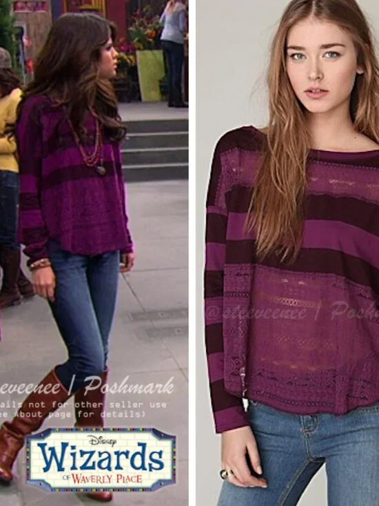 Free People Long Sleeve Lacey Stripes Top in Plum Combo ASO Alex Russo - Picture 2 of 12